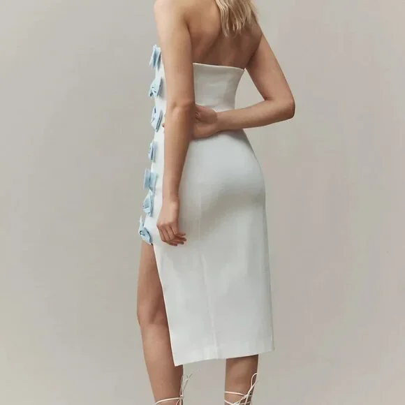 NWT BHLDN - Strapless Side-Bow Asymmetrical Midi Dress - White and Blue - Size M - Picture 2 of 9